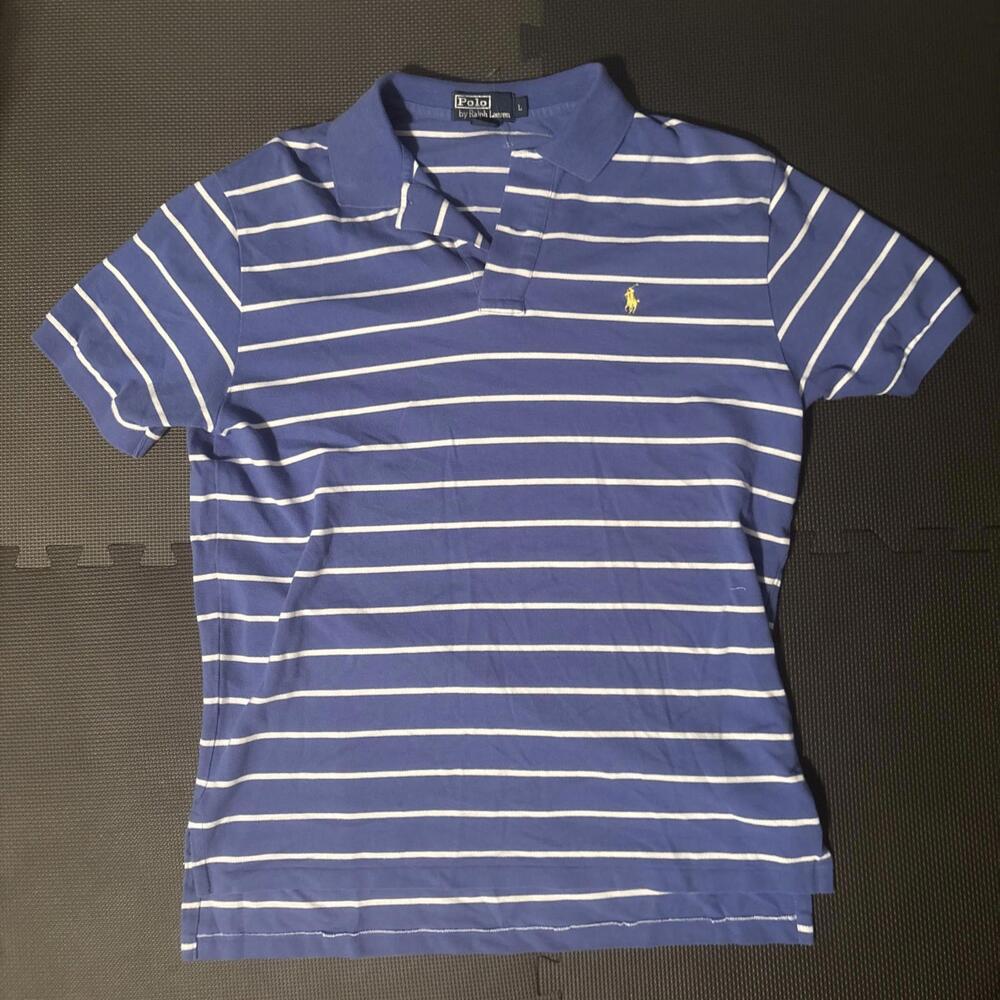 Ralph Lauren Polo Shirt Mens XL White Blue Stripe Short Sleeve Casual Vintage